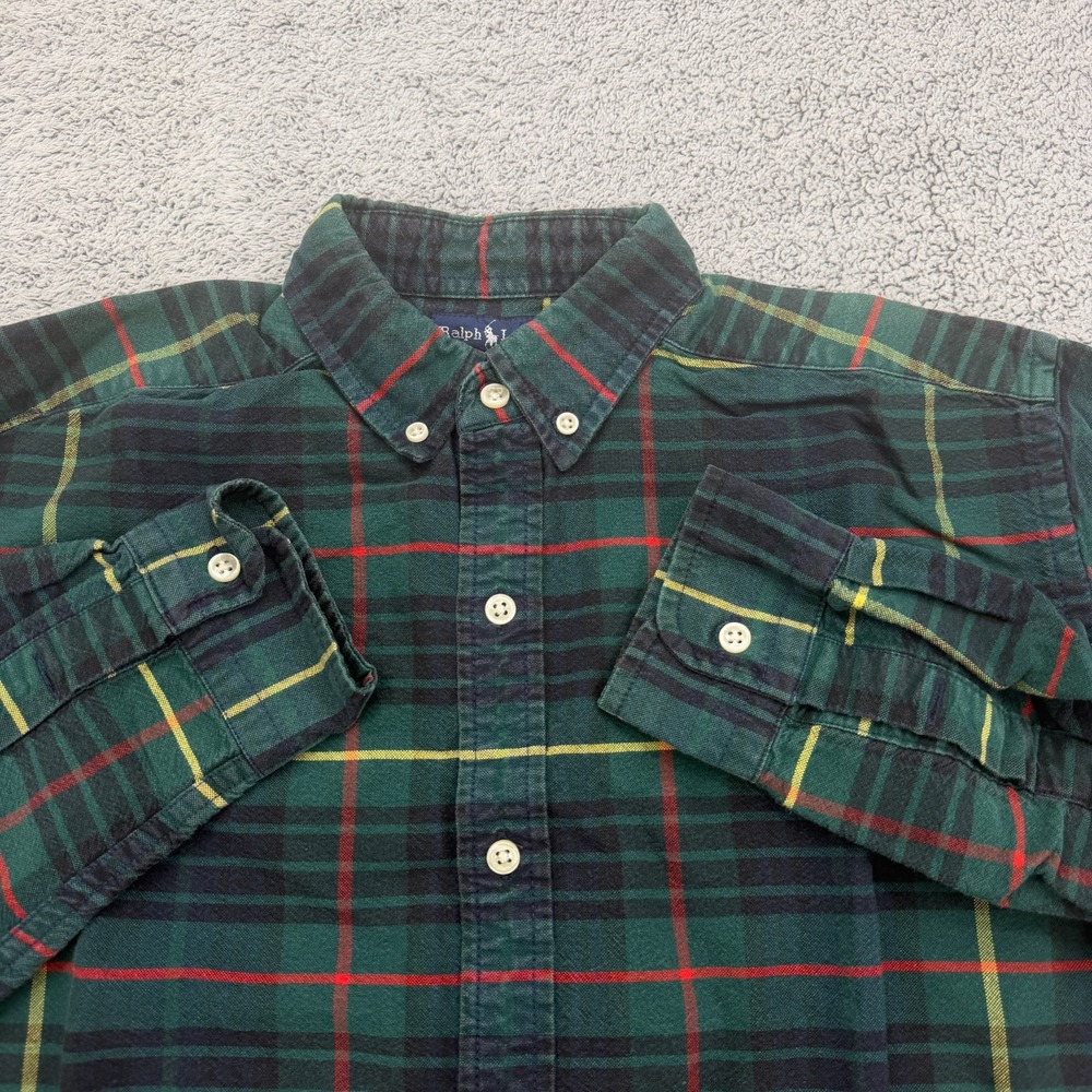 Polo Ralph Lauren Shirt Big Boys Large Green Tartan Plaid Red Pony Button Down